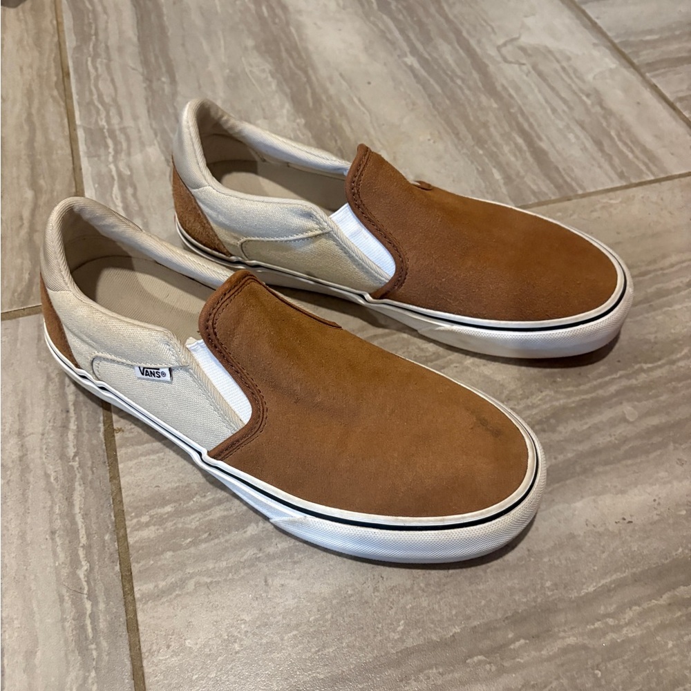 Vans Men's Brown and Cream Slip-On Loafers